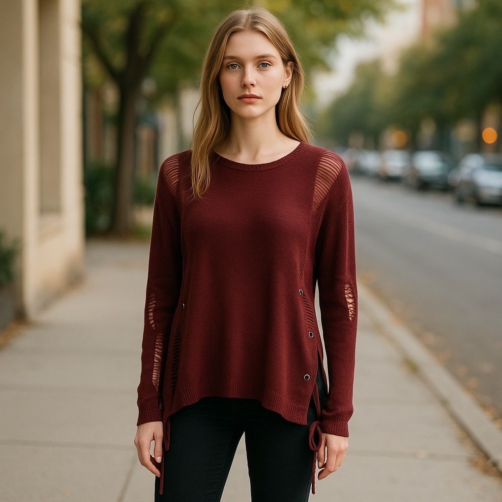 Sage & Flower Distressed Burgundy Knit Sweater NWT